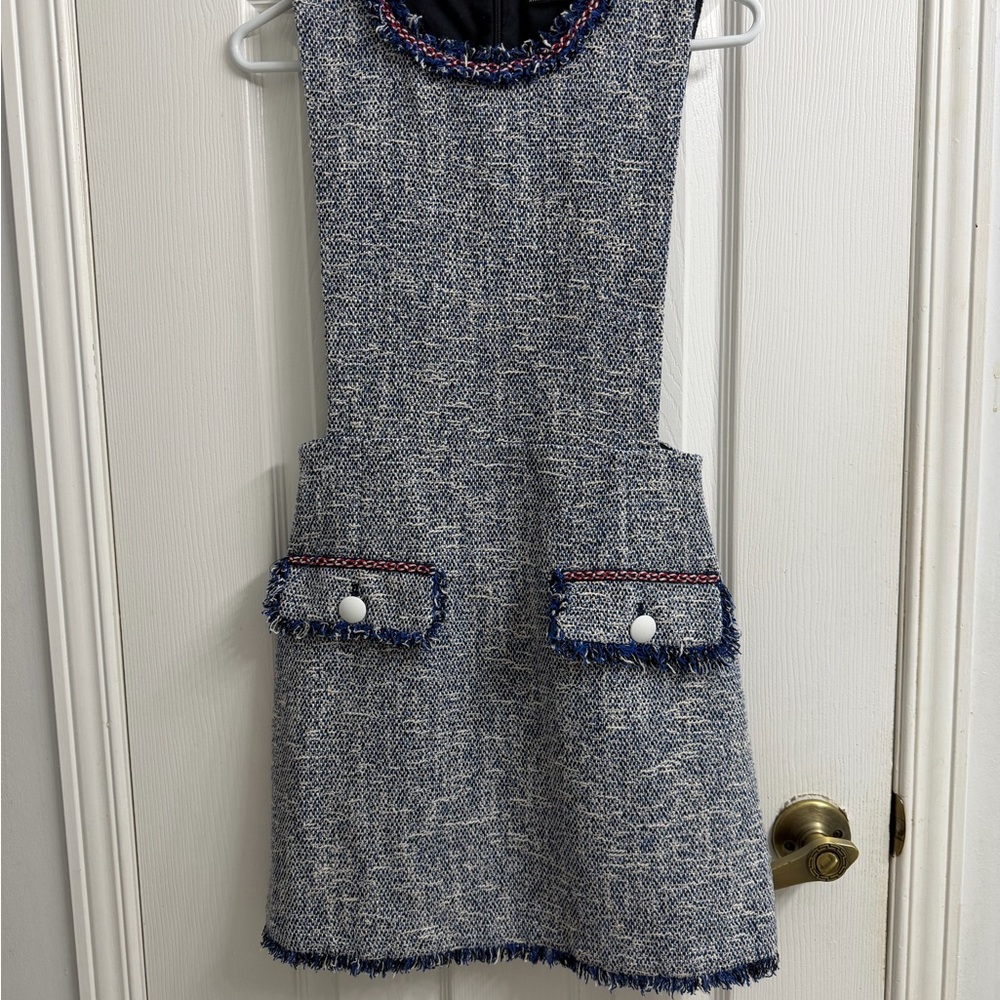 Zara Blue White Tweed Fringe Mini Dress Women's XS Preppy Quiet Luxury Chic